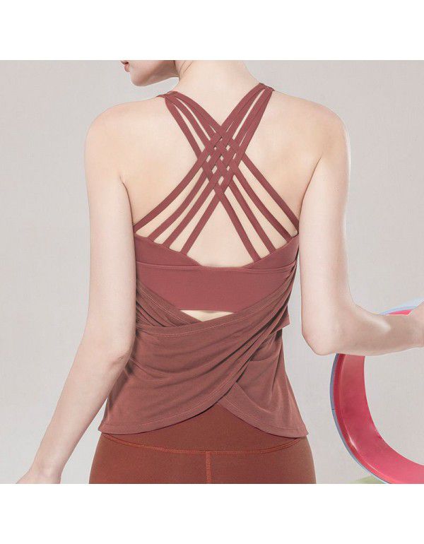 New fake two-piece sports vest fitness suit running top beauty back sports top bra loose yoga suit woman 