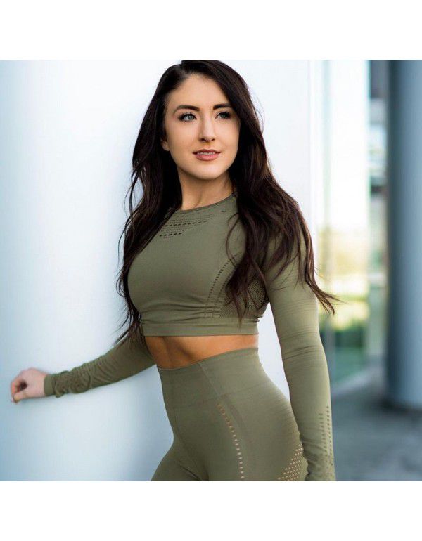 Yoga exercise suit fashion hollow breathable fitness suit women's high-end seamless European-American tights two-piece set 