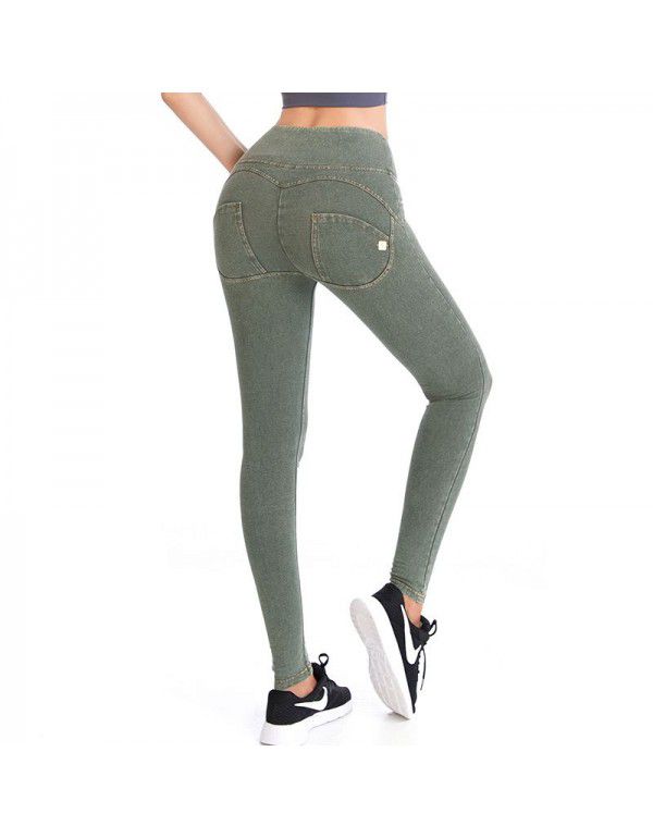 New sports yoga pants women's high-waisted denim version peach hip lifting sports pants beauty hip fitness peach pants 