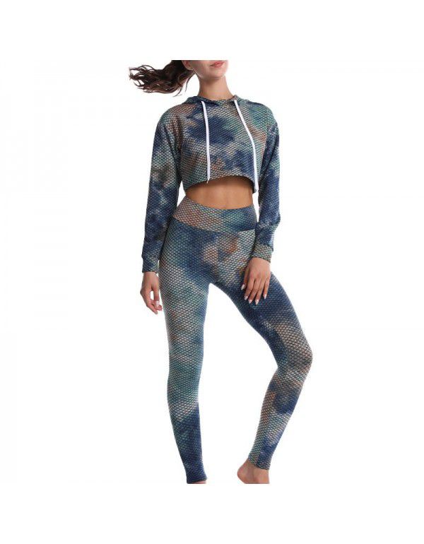 European and American tie dyed jacquard honeycomb tight hip lifting yoga suit long sleeve running fitness suit for women