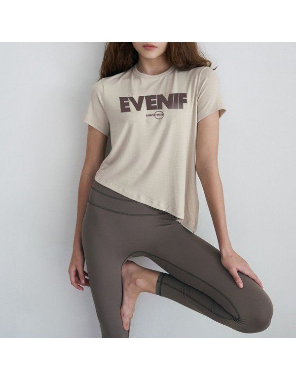 Summer New Yoga Dress Split Print Short Sleeve T-shirt Design Sense European and American Women's Pilates Sports Top 