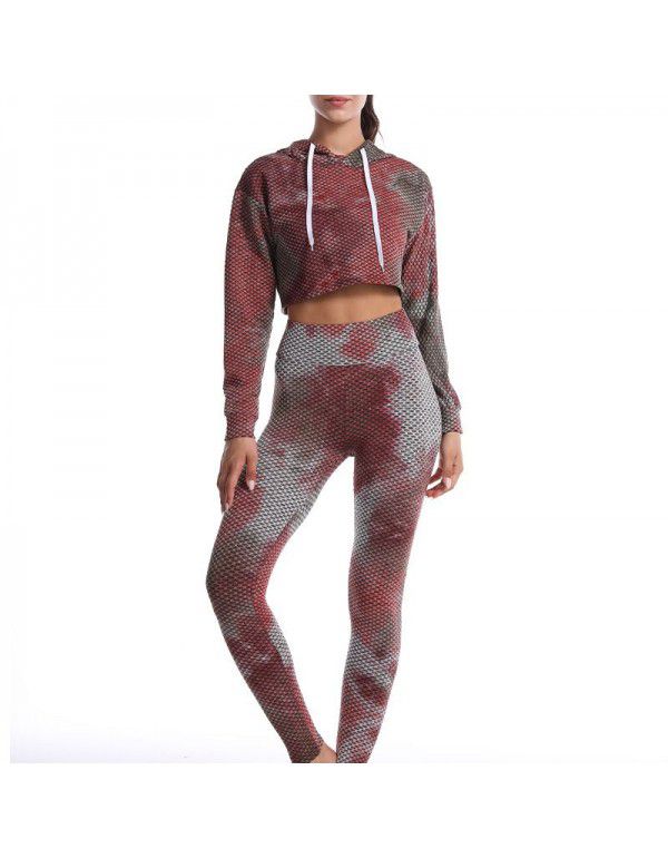European and American tie dyed jacquard honeycomb tight hip lifting yoga suit long sleeve running fitness suit for women