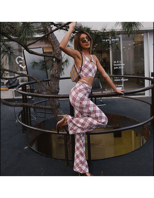 High-end sexy fashion plaid yoga suit women's neck vest with chest pad drawcord sports fitness flared pants 