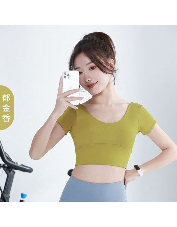 Yoga suit new style sports professional skin-friendly women's navel exposed short-sleeved t-shirt beautiful straps V-step sports tights 