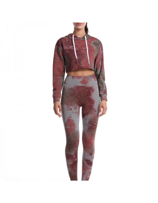 European and American tie dyed jacquard honeycomb tight hip lifting yoga suit long sleeve running fitness suit for women