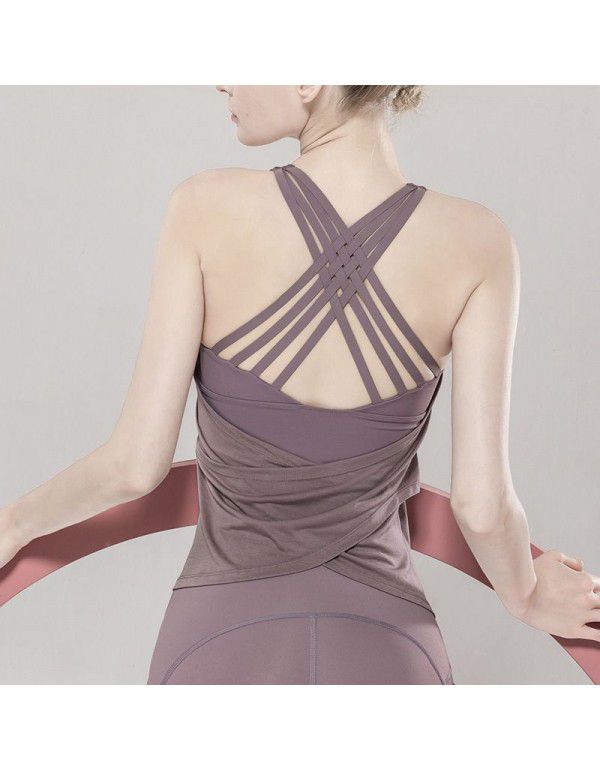 New fake two-piece sports vest fitness suit running top beauty back sports top bra loose yoga suit woman 