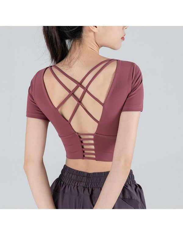 Yoga suit women's padded back sports t-shirt with tight navel exposed sexy running short sleeve mesh red fitness suit top 