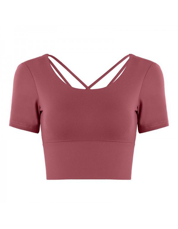 Yoga suit women's padded back sports t-shirt with tight navel exposed sexy running short sleeve mesh red fitness suit top 