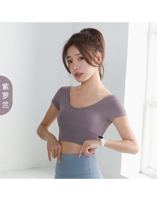 Yoga suit new style sports professional skin-friendly women's navel exposed short-sleeved t-shirt beautiful straps V-step sports tights 