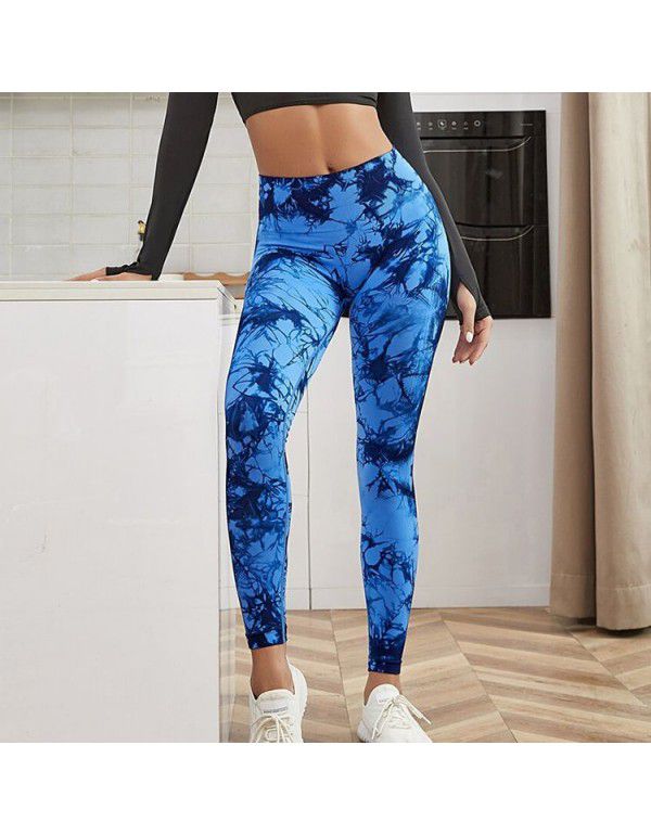 New Fitness Sports Honey Peach Hip Lift High Waist Tight Fit Tie Dye Yoga Pants Pants