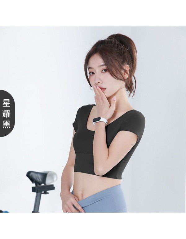 Yoga suit new style sports professional skin-friendly women's navel exposed short-sleeved t-shirt beautiful straps V-step sports tights 