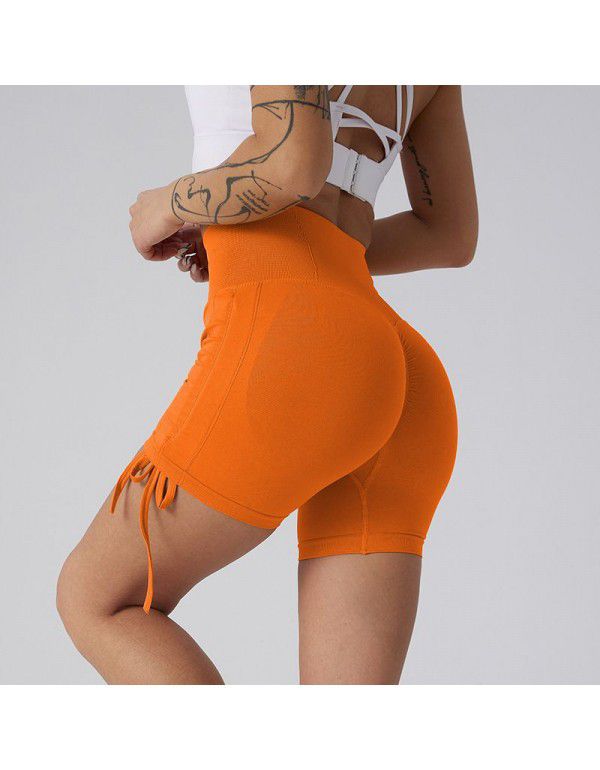 Summer new seamless yoga suit sports shorts with high waist, hip lifting, drawstring and lace-up three-piece pants running and fitness 