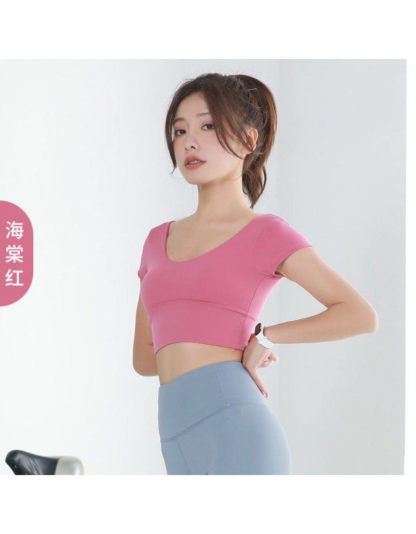 Yoga suit new style sports professional skin-friendly women's navel exposed short-sleeved t-shirt beautiful straps V-step sports tights 