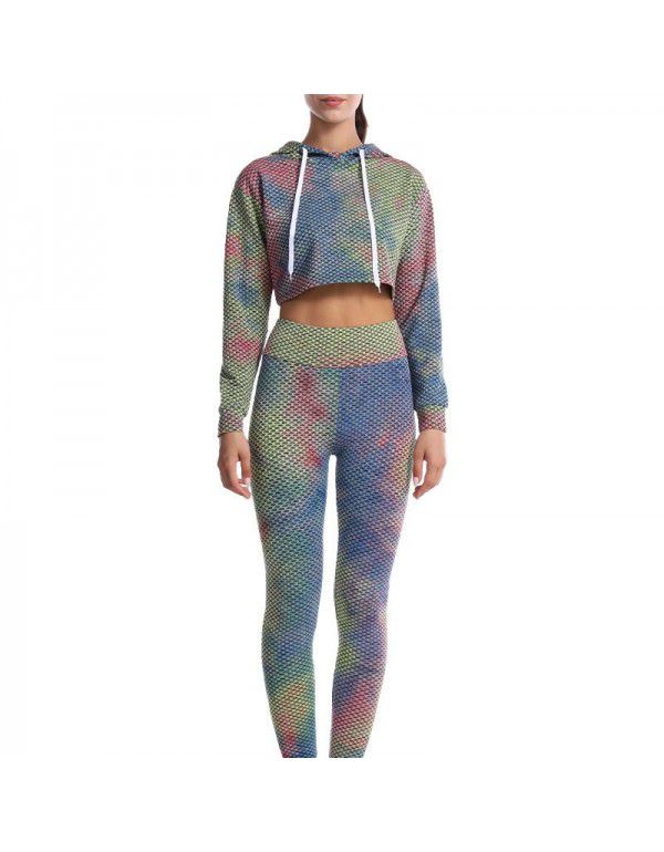European and American tie dyed jacquard honeycomb tight hip lifting yoga suit long sleeve running fitness suit for women