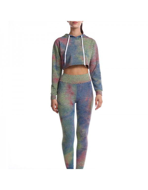 European and American tie dyed jacquard honeycomb tight hip lifting yoga suit long sleeve running fitness suit for women
