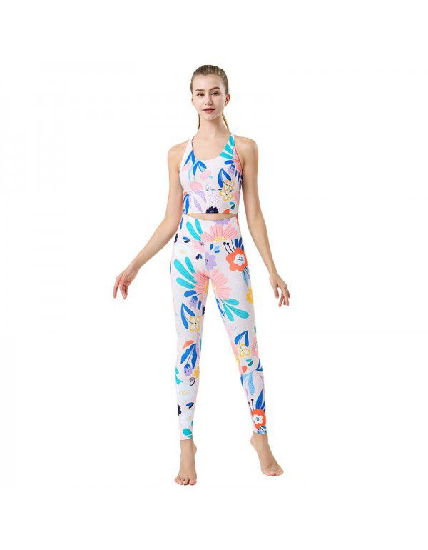 New Yoga Set European and American Quick Dried Sports Tank Top Printed Yoga Pants Women's Cross Border Fitness Clothes Yoga Clothes