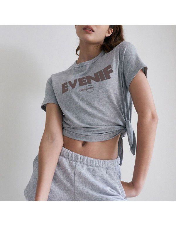 Summer New Yoga Dress Split Print Short Sleeve T-shirt Design Sense European and American Women's Pilates Sports Top 