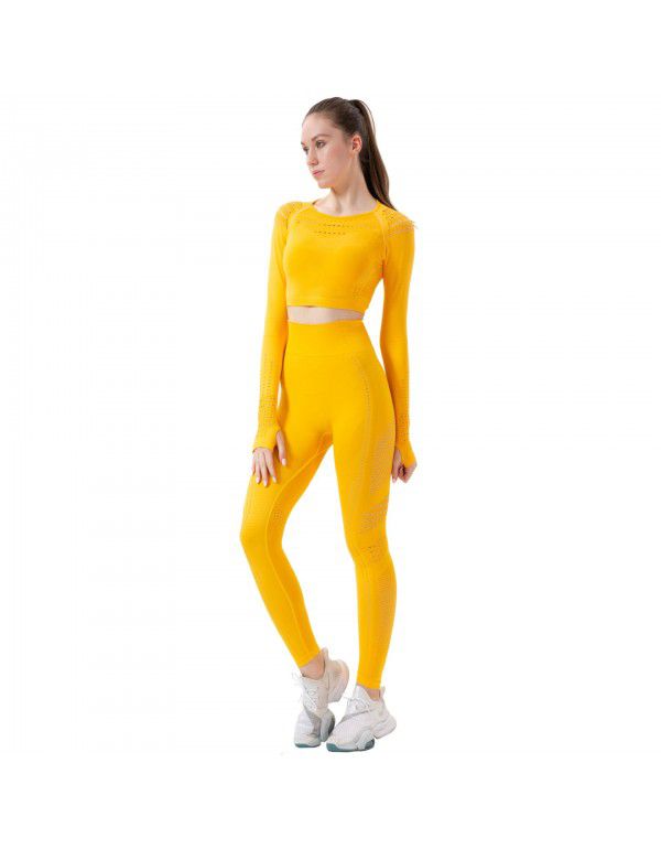 Yoga exercise suit fashion hollow breathable fitness suit women's high-end seamless European-American tights two-piece set 