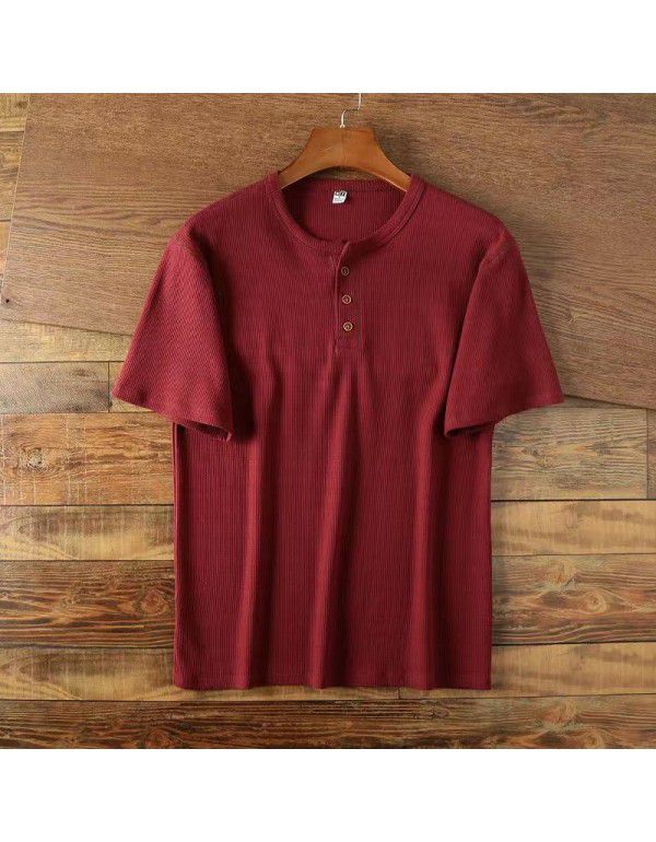 Vintage Henry Neck Men's Solid Loose Versatile Knitted Large Short Sleeve Men's T-Shirt 