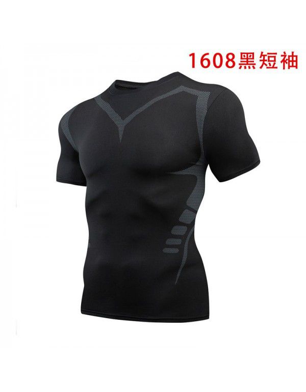 Fitness clothes men's high-elastic tight-fitting summer t-shirt sports short-sleeved quick-drying ice silk running basketball training vest 