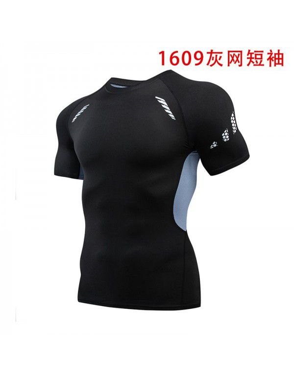 Fitness clothes men's high-elastic tight-fitting summer t-shirt sports short-sleeved quick-drying ice silk running basketball training vest 