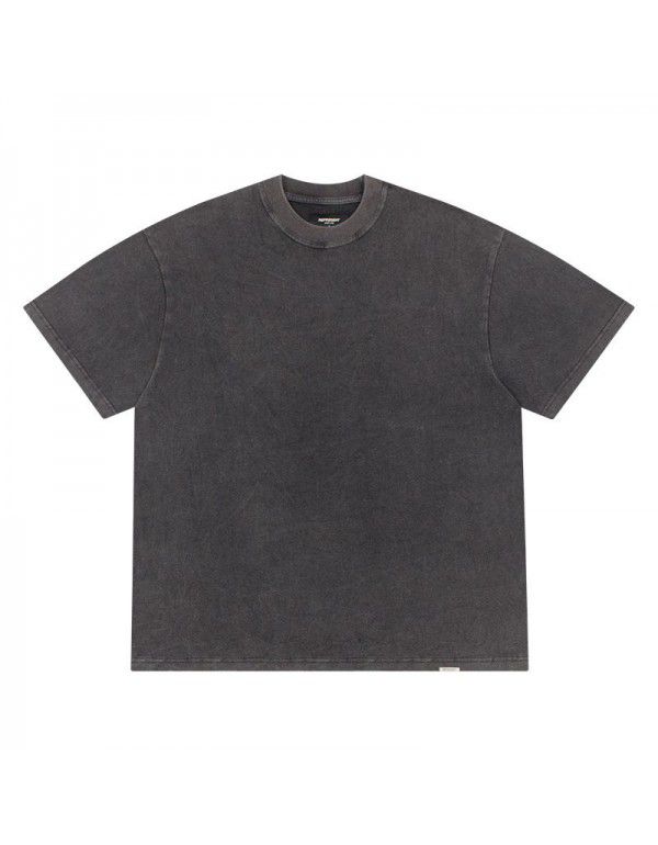 Simple solid color retro washed old high street oversize short-sleeved men's T-shirt women's bottom shirt 