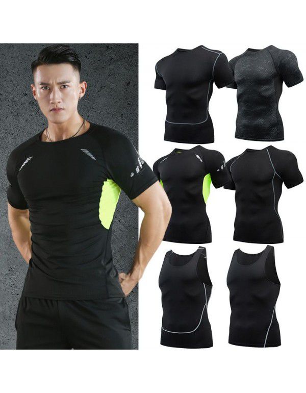Fitness clothes men's high-elastic tight-fitting summer t-shirt sports short-sleeved quick-drying ice silk running basketball training vest 