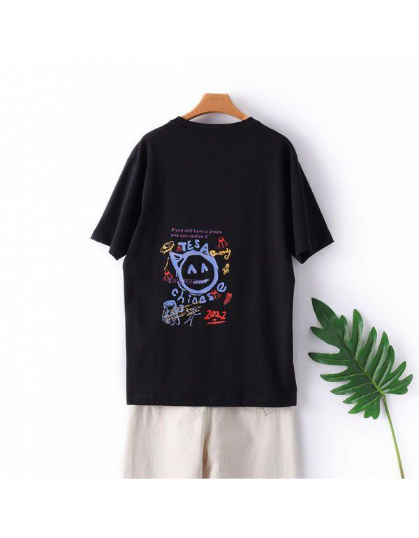 Summer New Print Parent-child Short Sleeve T-shirt Casual Women's Fashion Loose Round Neck Mercerized Cotton Bottom Top
