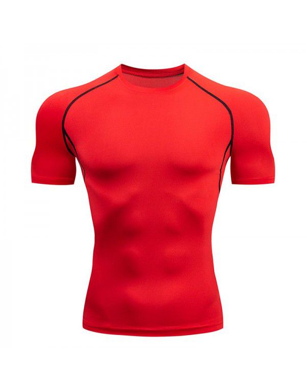 Fitness clothes men's high-elastic tight-fitting summer t-shirt sports short-sleeved quick-drying ice silk running basketball training vest 