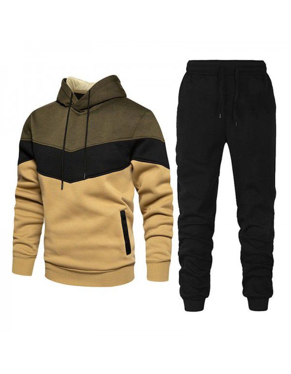 Men's sports suit fashion casual spring and autumn patchwork hooded sweater pants two-piece set 