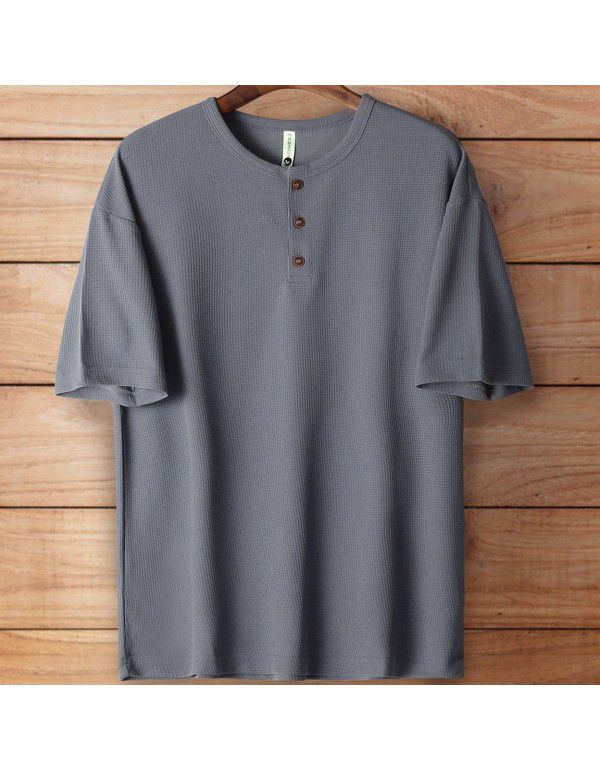 Vintage Henry Neck Men's Solid Loose Versatile Knitted Large Short Sleeve Men's T-Shirt 