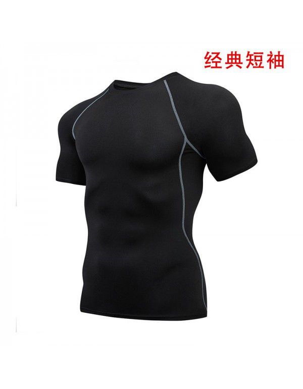Fitness clothes men's high-elastic tight-fitting summer t-shirt sports short-sleeved quick-drying ice silk running basketball training vest 