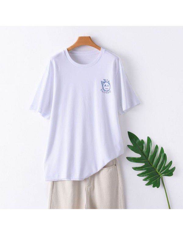 Summer New Print Parent-child Short Sleeve T-shirt Casual Women's Fashion Loose Round Neck Mercerized Cotton Bottom Top