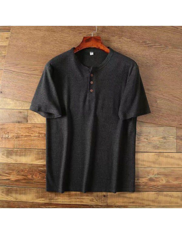Vintage Henry Neck Men's Solid Loose Versatile Knitted Large Short Sleeve Men's T-Shirt 