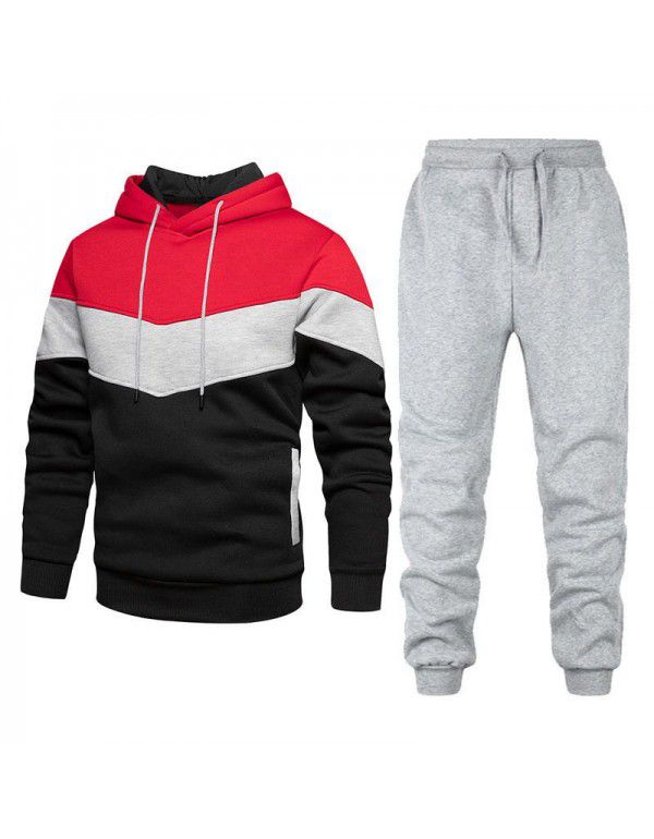 Men's sports suit fashion casual spring and autumn patchwork hooded sweater pants two-piece set 