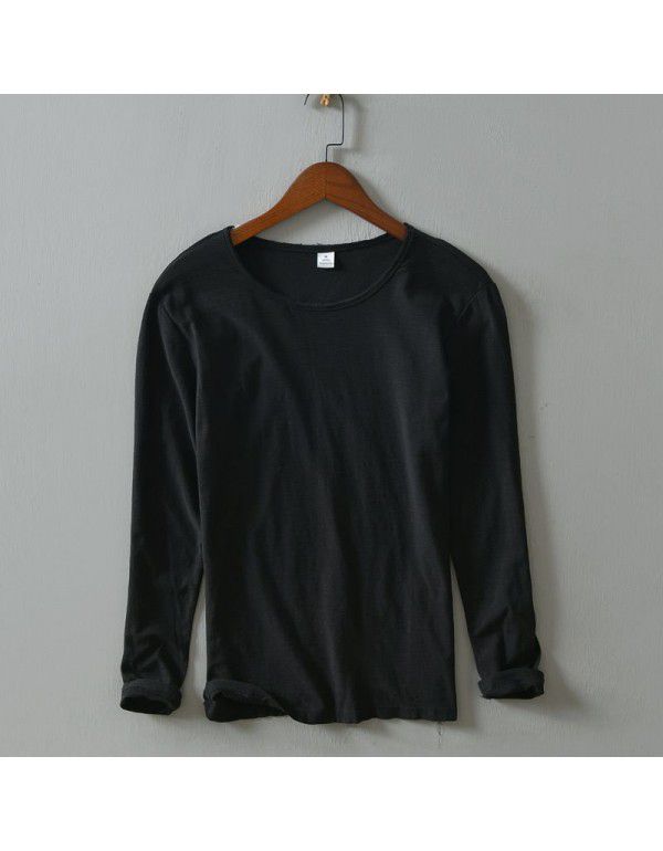 New Splice Solid Color Long Sleeve T-shirt Men's Casual Autumn and Winter Thermal Insulation Backing T-shirt Men's Wear