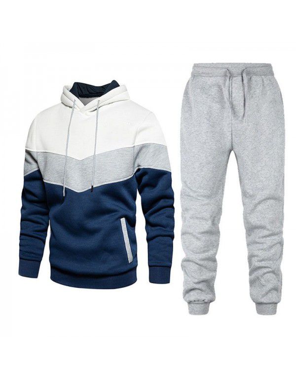 Men's sports suit fashion casual spring and autumn patchwork hooded sweater pants two-piece set 