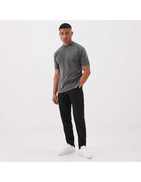 Simple solid color retro washed old high street oversize short-sleeved men's T-shirt women's bottom shirt 