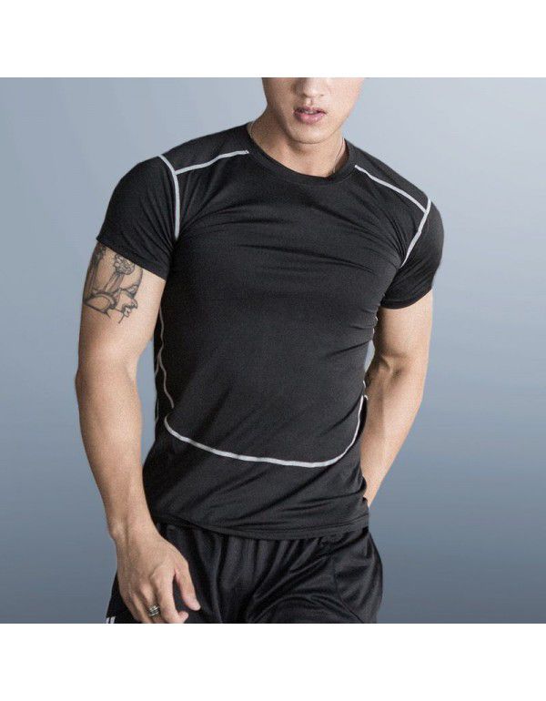 Fitness clothes men's high-elastic tight-fitting summer t-shirt sports short-sleeved quick-drying ice silk running basketball training vest 