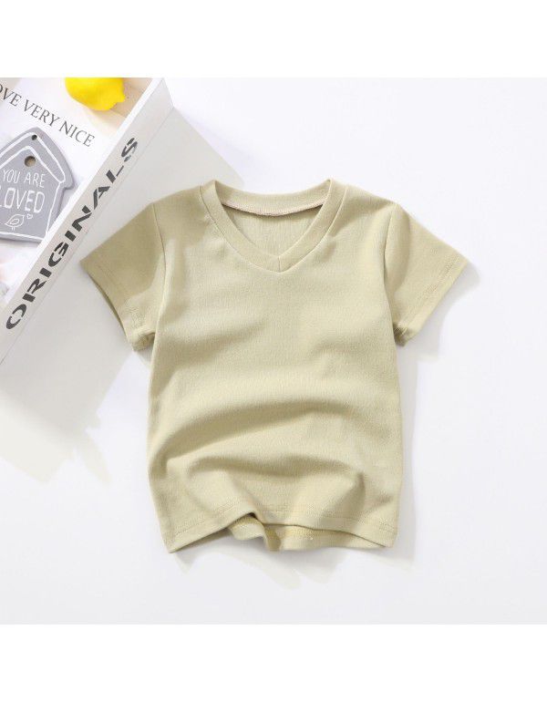 Summer New Children's Short Sleeve V-Neck T-shirt Men's and Women's Small and Middle School Children's Baby Cotton Top Solid Color Bottom Shirt 