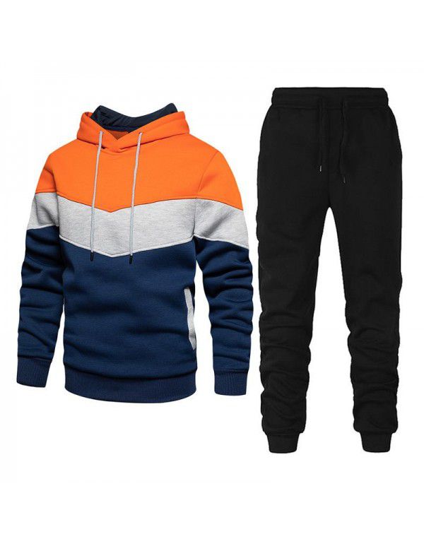 Men's sports suit fashion casual spring and autumn patchwork hooded sweater pants two-piece set 
