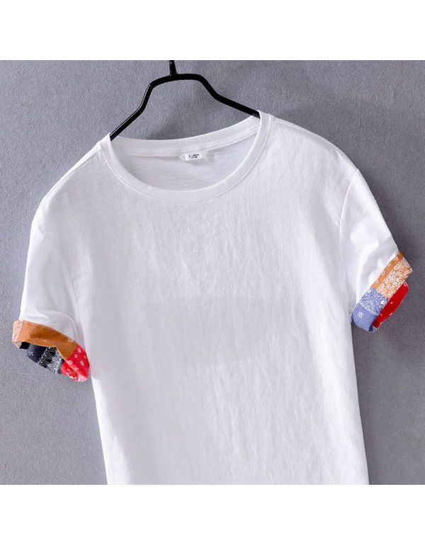 Men's casual linen short sleeved shirt White loose beach trendy men's patchwork cotton linen shirt T-shirt
