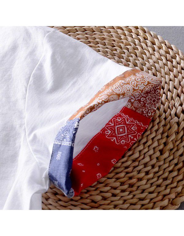 Men's casual linen short sleeved shirt White loose beach trendy men's patchwork cotton linen shirt T-shirt