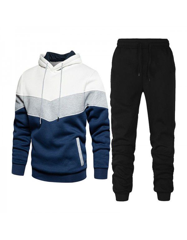Men's sports suit fashion casual spring and autumn patchwork hooded sweater pants two-piece set 