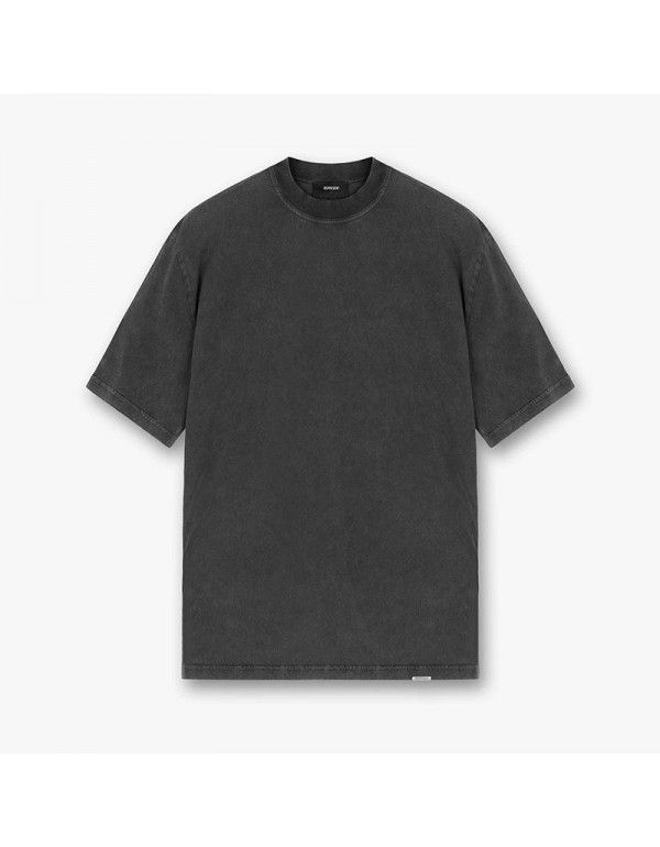 Simple solid color retro washed old high street oversize short-sleeved men's T-shirt women's bottom shirt 