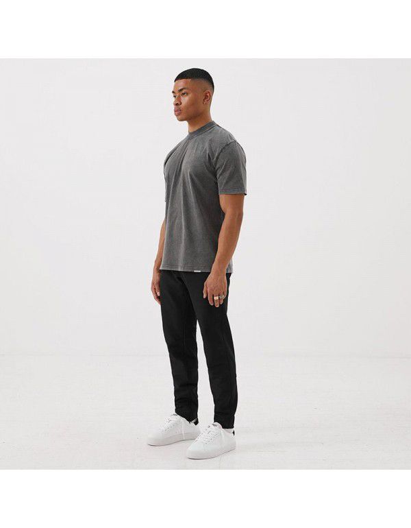 Simple solid color retro washed old high street oversize short-sleeved men's T-shirt women's bottom shirt 