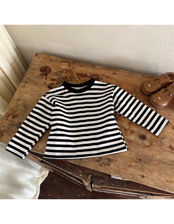 Children's Denim Strap Pants Set Spring New Korean Children's Wear Girls' Striped T-shirt Two Piece Set Westernized