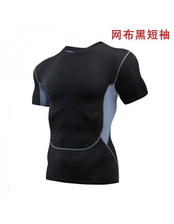 Fitness clothes men's high-elastic tight-fitting summer t-shirt sports short-sleeved quick-drying ice silk running basketball training vest 