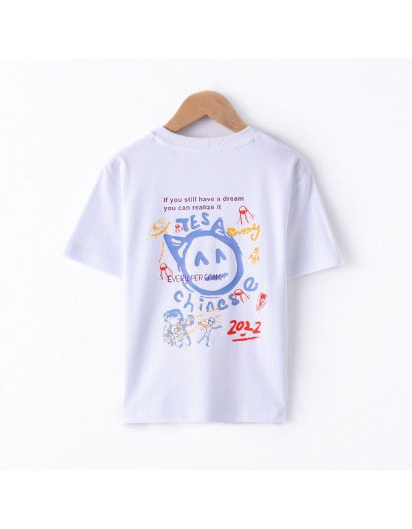 Summer New Print Parent-child Short Sleeve T-shirt Casual Women's Fashion Loose Round Neck Mercerized Cotton Bottom Top
