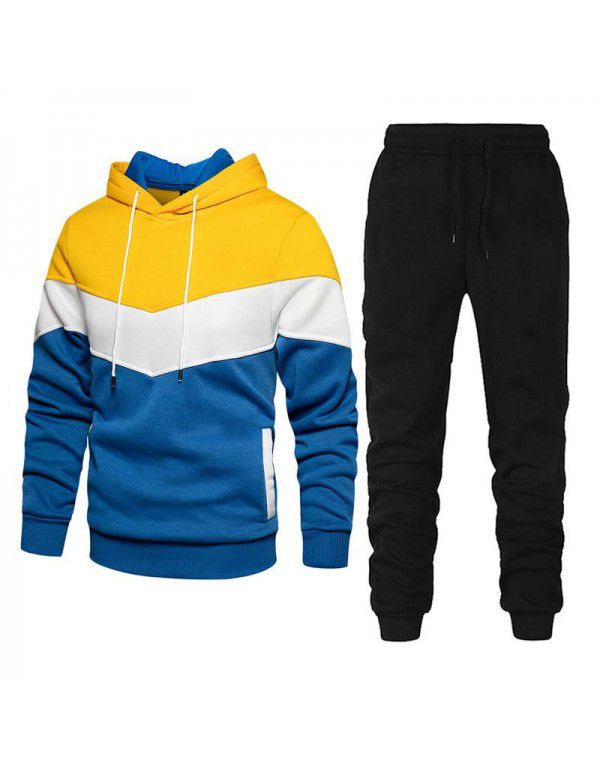 Men's sports suit fashion casual spring and autumn patchwork hooded sweater pants two-piece set 